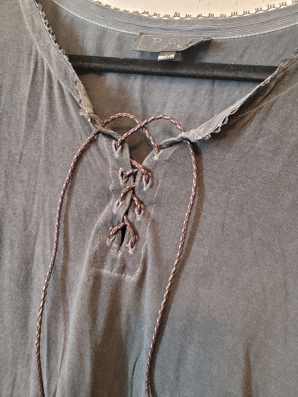 POL Charcoal Lace Trim Lace Up Boho Tunic Top Blouse Style ELT408 Small - Picture 8 of 9